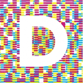 White letter D on multicolored bitmap background