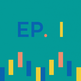 Image of green background with text reading Episode one abbreviated to Ep. 1. Number is a Roman numeral 1. multicolored graphic image of sound waves at the bottom of the screen